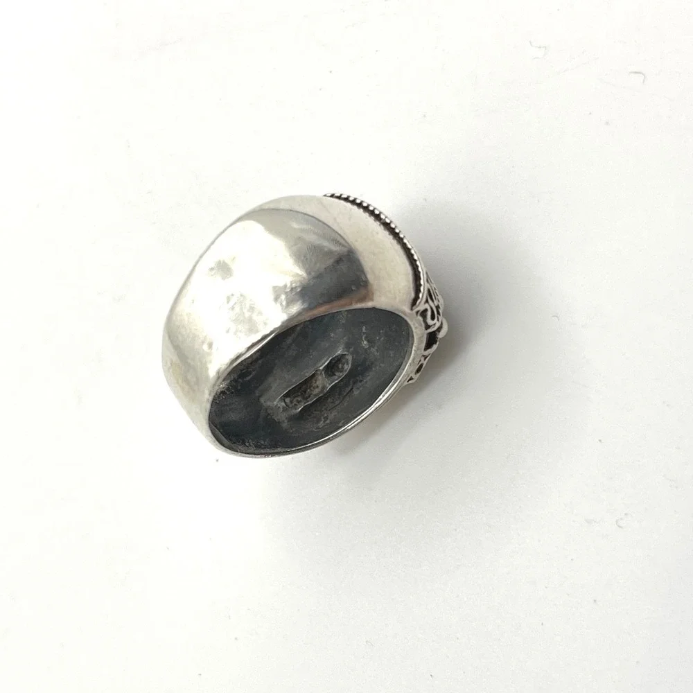 Sterling Silver 925 Balinese Scroll Beaded Wide Cigar Band Statement Ring Size 7